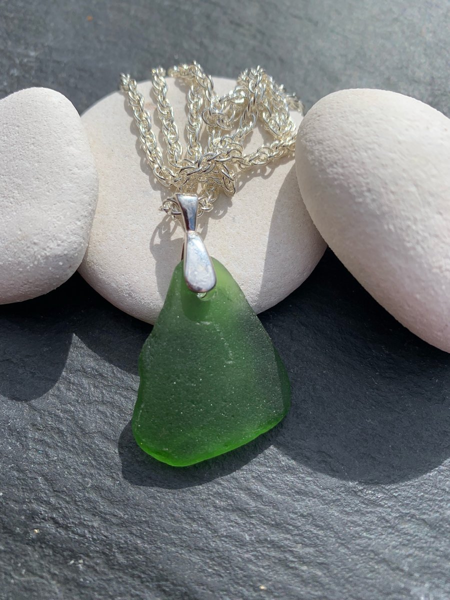 Silver plate chain and deep green seaglass pendant
