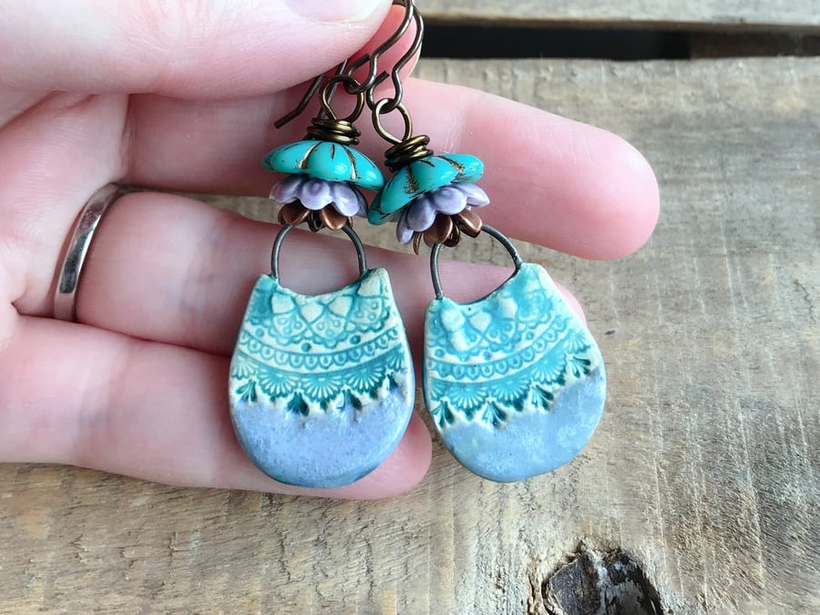 Artisan Ceramic Earrings. Lavender & Turquoise Stacked Bead Earrings