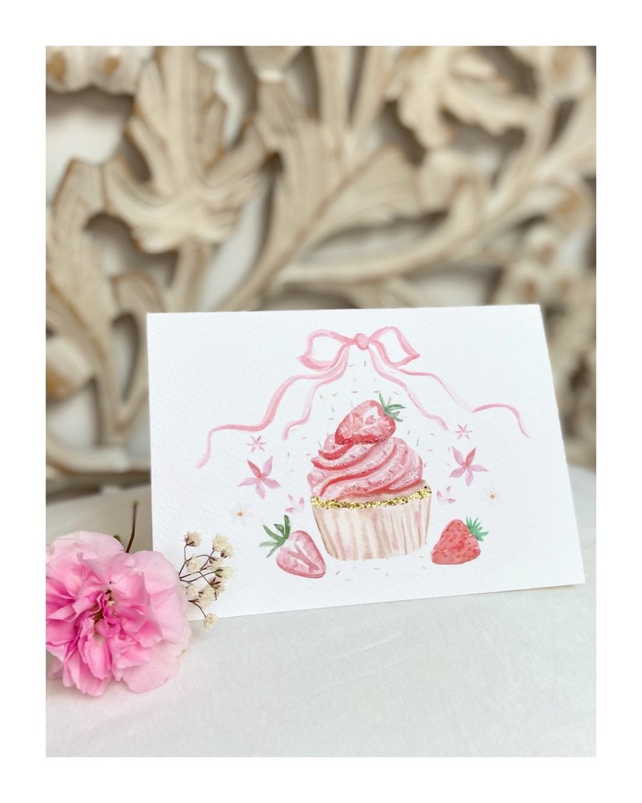 Strawberry Dream Cupcake Greeting Card for a variety of occasions with Bio Glitt