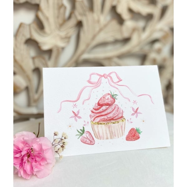 Strawberry Dream Cupcake Greeting Card for a variety of occasions with Bio Glitt