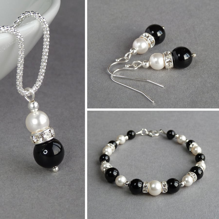 Black Onyx and Crystal Jewellery Set - Necklace, Bracelet and Pearl Earrings