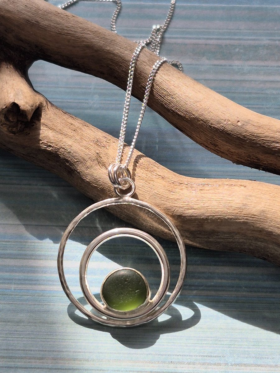 Beautiful Double Circle Pendant Olive Seaham Seaglass Necklace Sterling Silver  