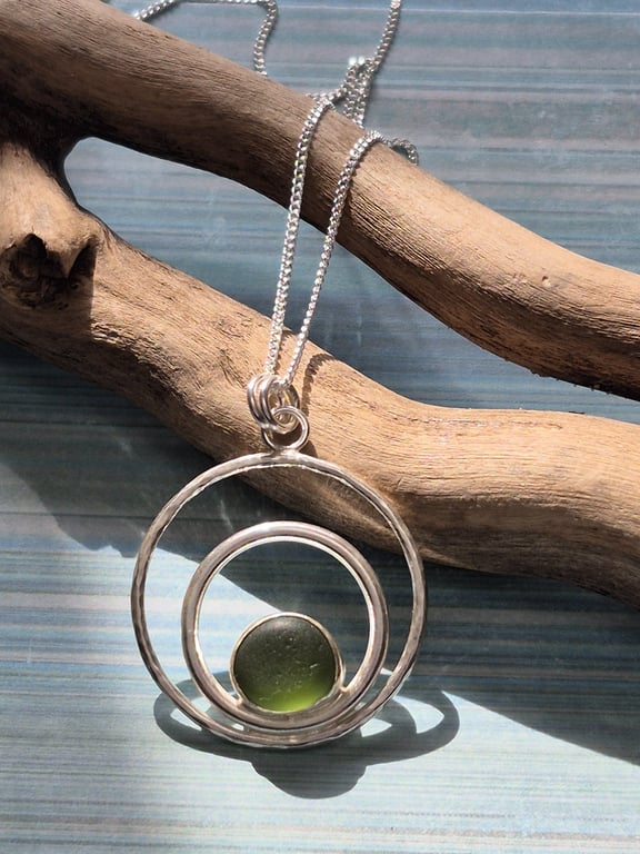 Beautiful Double Circle Pendant Olive Seaham Seaglass Necklace Sterling Silver  