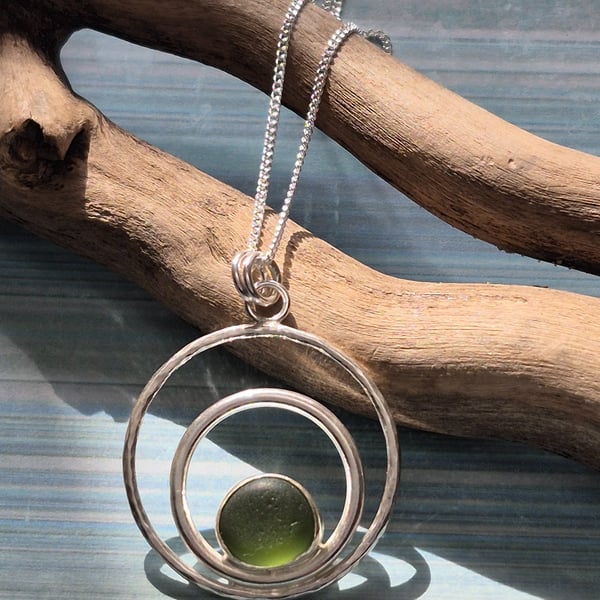 Beautiful Double Circle Pendant Olive Seaham Seaglass Necklace Sterling Silver  
