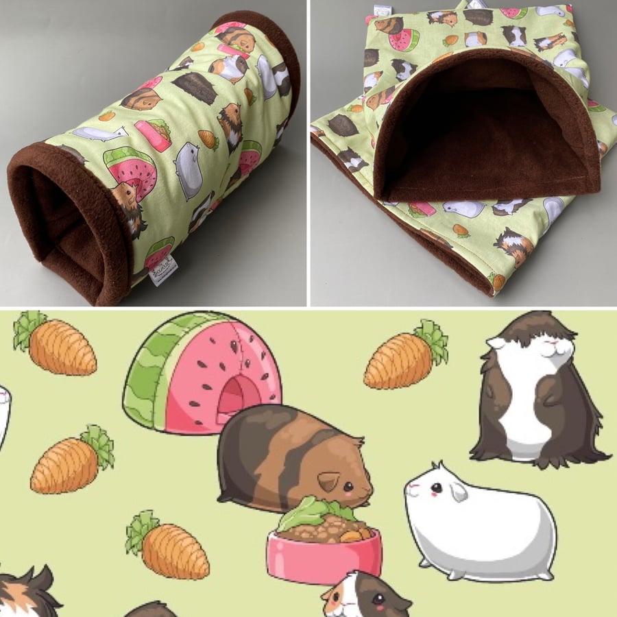 Guinea pigs mini set. Regular size tunnel, snuggle sack and toys. Fleece bedding