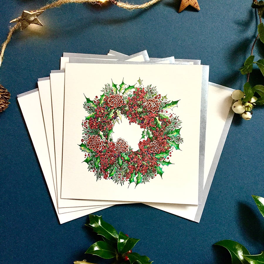 Christmas Berry Wreath x 6 card pack 