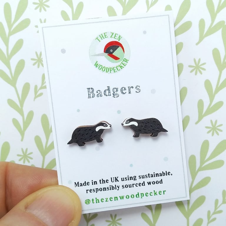 Badger Earrings, Wooden Animal Studs, Silver Plated or Sterling Silver Backs