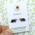 Badger Earrings, Wooden Animal Studs, Silver Plated or Sterling Silver Backs
