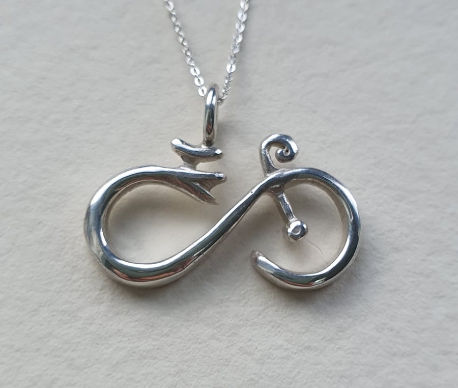 Solid Sterling Silver Infinity Bike Necklace, cycling pendant