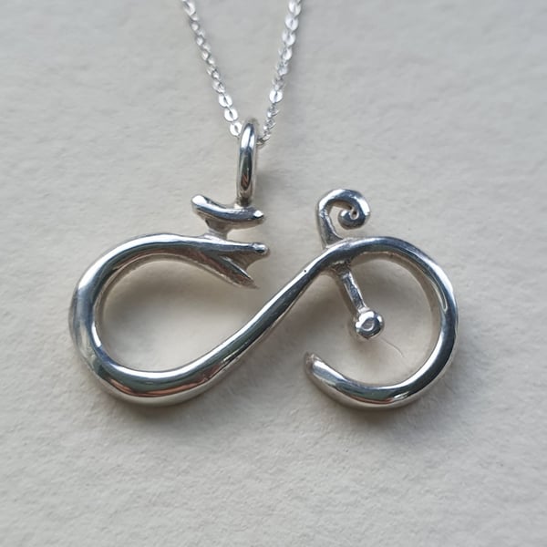 Solid Sterling Silver Infinity Bike Necklace, cycling pendant