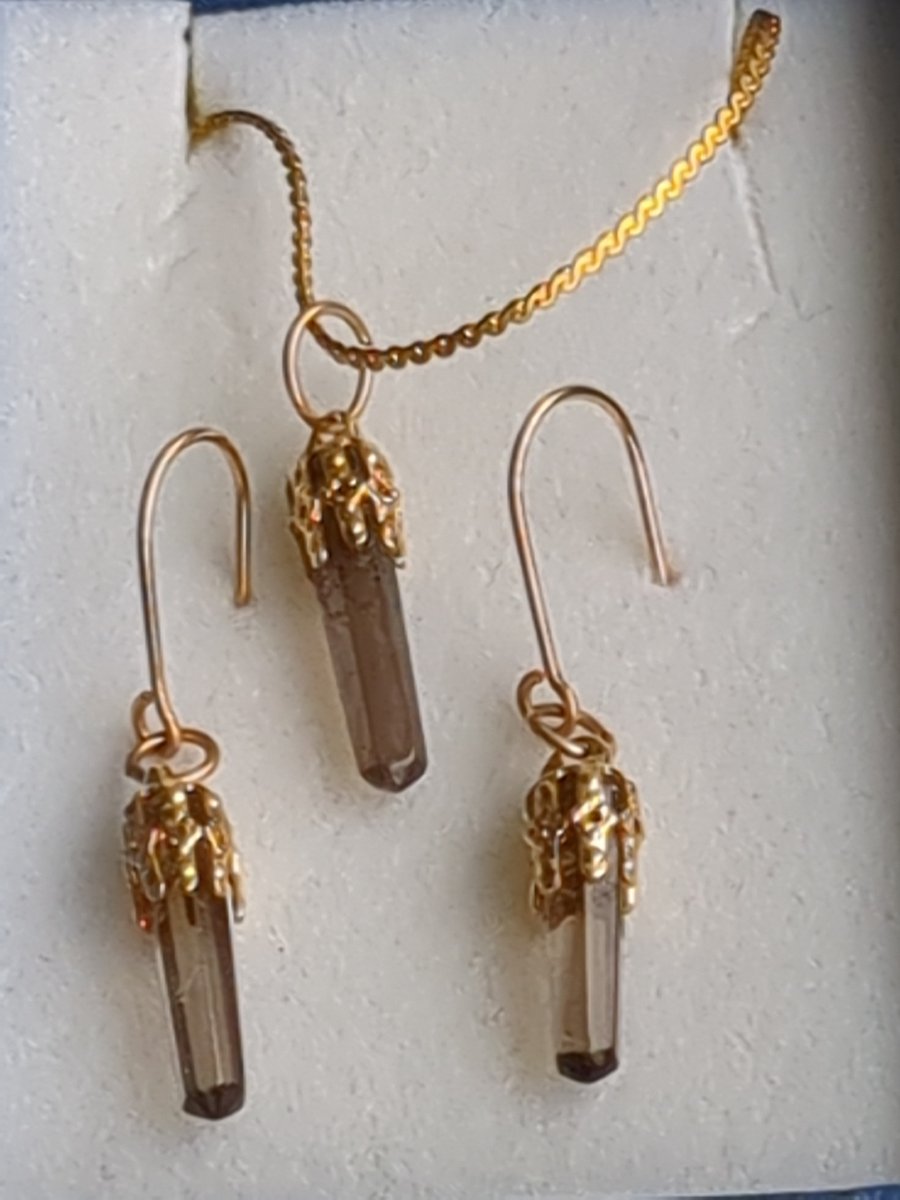 Smoked quartz mini crystal set of earrings and matching pendant in Gold