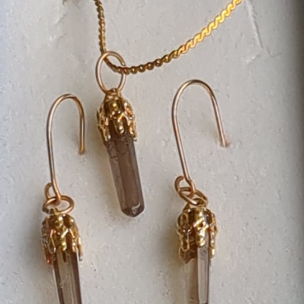 Smoked quartz mini crystal set of earrings and matching pendant in Gold