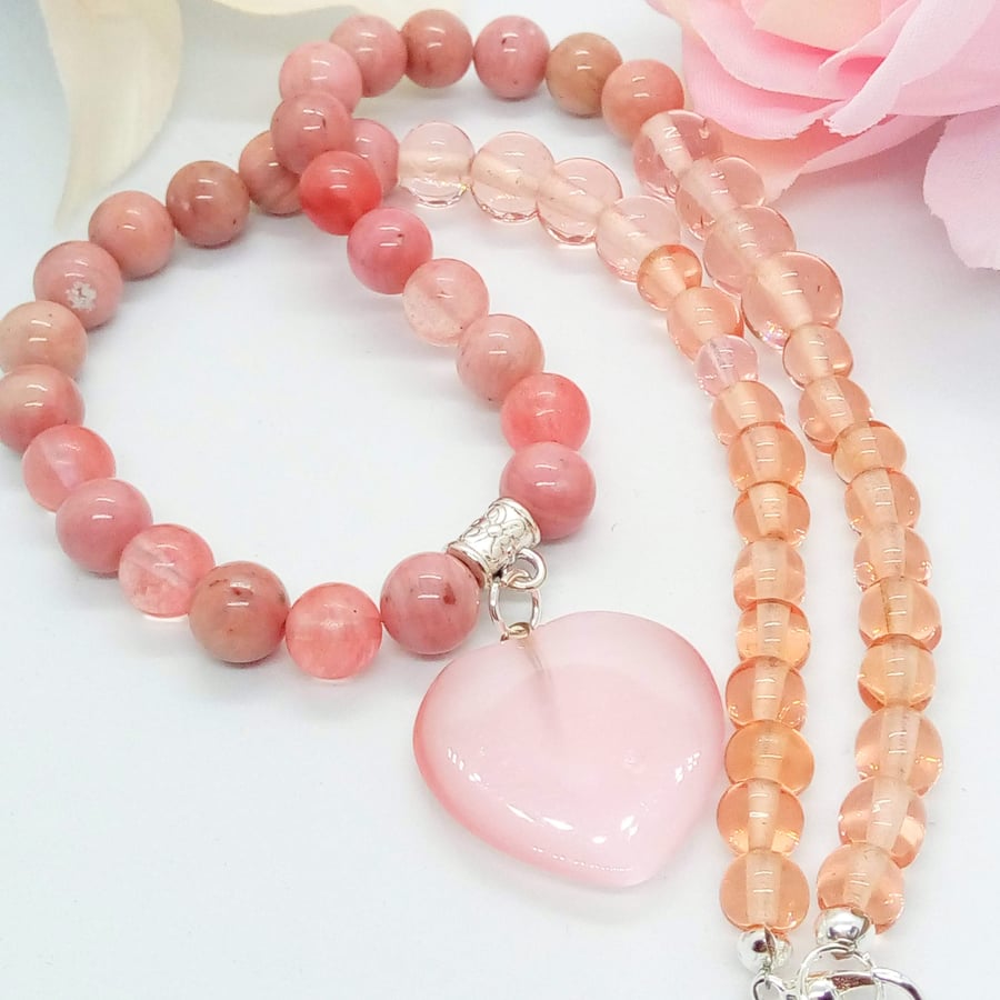 Pale Pink Glass Heart Pendant on a Pink Glass Bead Necklace, Gift for Her