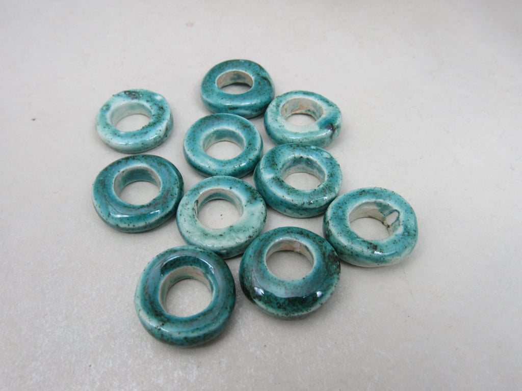 10 Medium Jade Green Glazed Ceramic Donut Beads