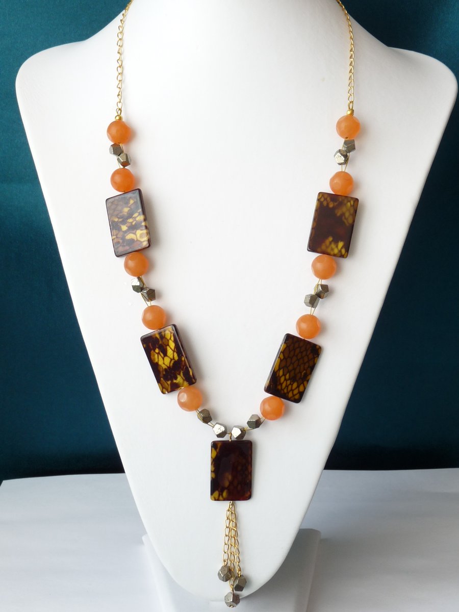 Orange Jade, Pyrite & Shell Necklace - Handmade - Genuine Gemstone