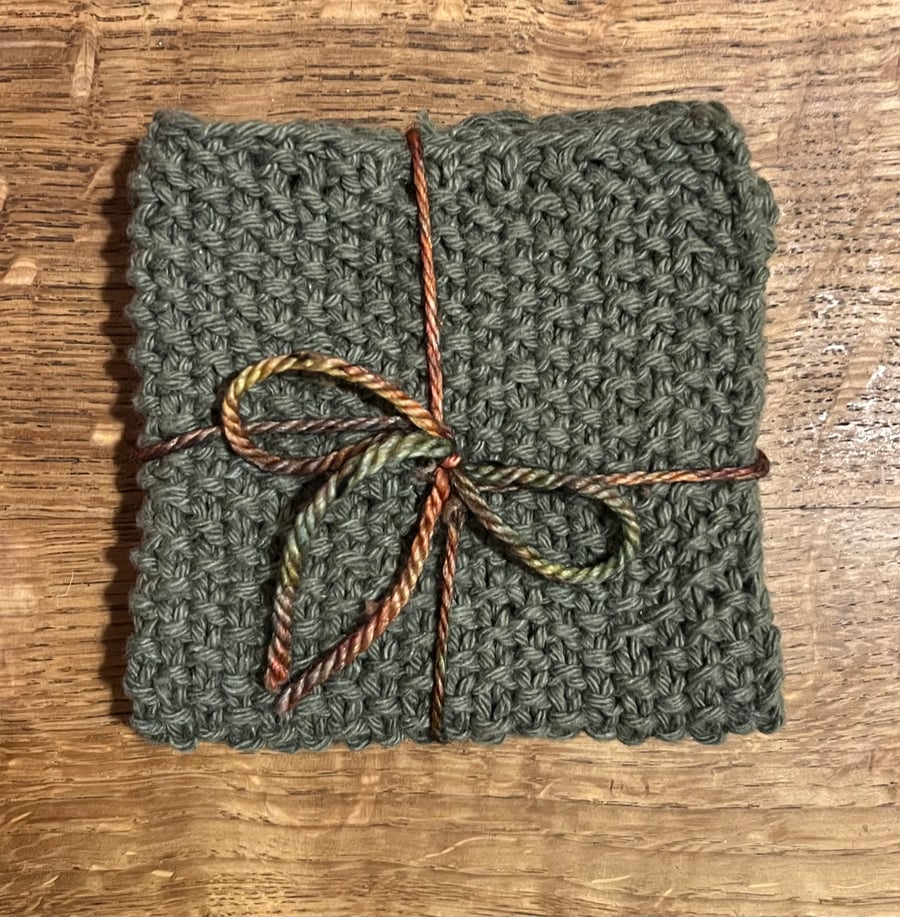 Handmade reusable dishcloth from recycled cotton. Dark Green. Approx. 9 x 9 in.