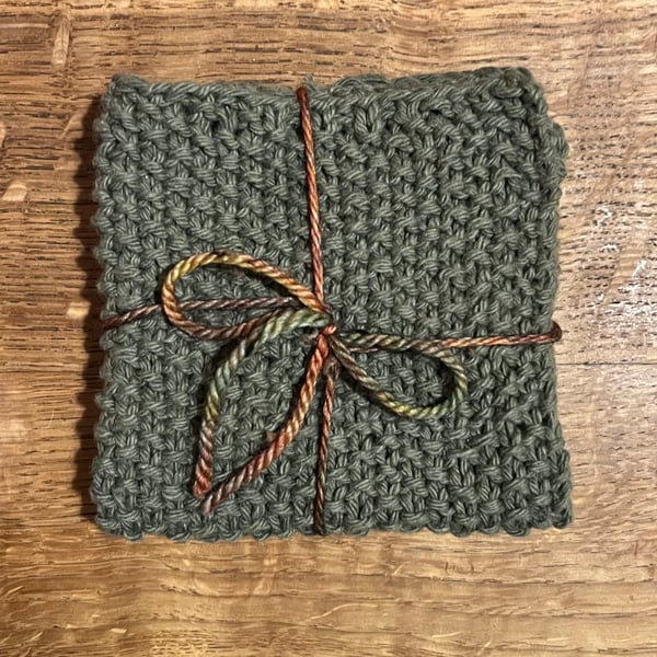 Handmade reusable dishcloth from recycled cotton. Dark Green. Approx. 9 x 9 in.
