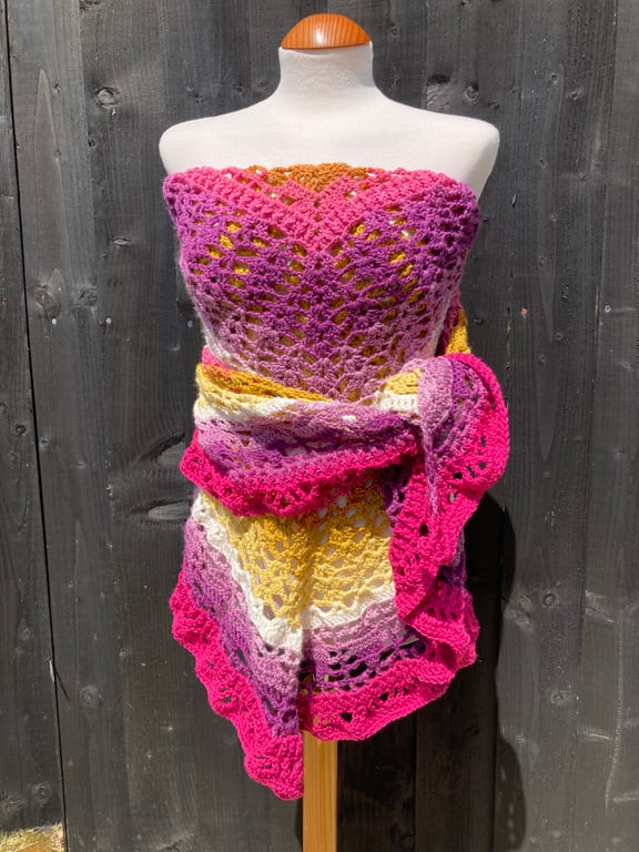 Bold Pink and Yellow Generous Triangle Handmade Lace Wrap Shawl