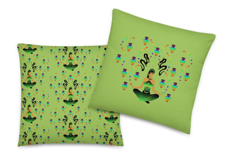HEART CHAKRA DRAGON CUSHION & INSERT in GREEN Faux Suede or Poly Linen Fabric.