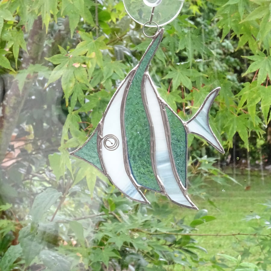 Stained Glass Angel Fish Suncatcher - Blue and White 
