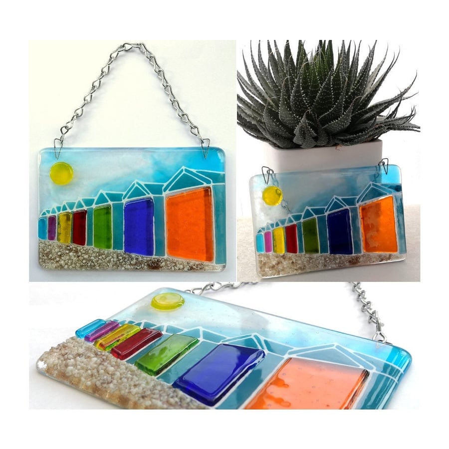 Handmade Fused Glass 3D Beach Huts Hanging Picture - Suncatcher - Seaside