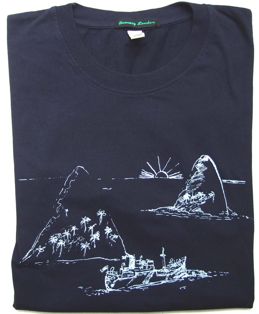 Tropical Island Mens Printed T shirt  vintage washed navy blue organic cotton