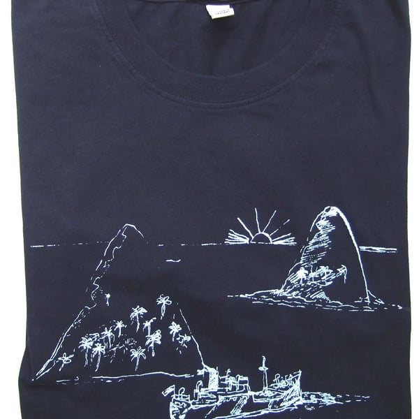 Tropical Island Mens Printed T shirt  vintage washed navy blue organic cotton