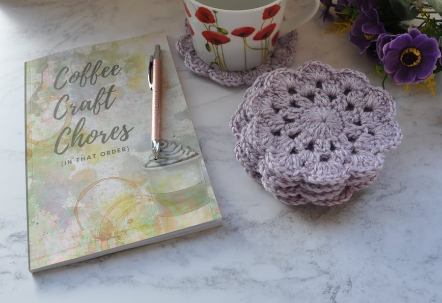 Beautiful Bundle Hand Crochet Flower Coasters Set of Six 6 Purple Lilac Sparkle