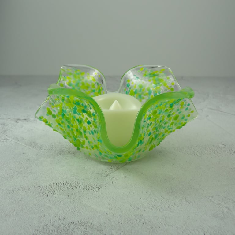 Green textured fused glass tealight holder LED flickering flame candle