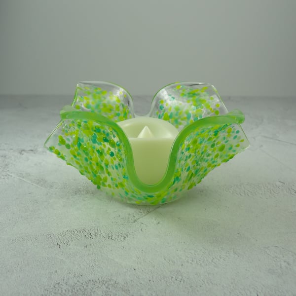 Green textured fused glass tealight holder LED flickering flame candle
