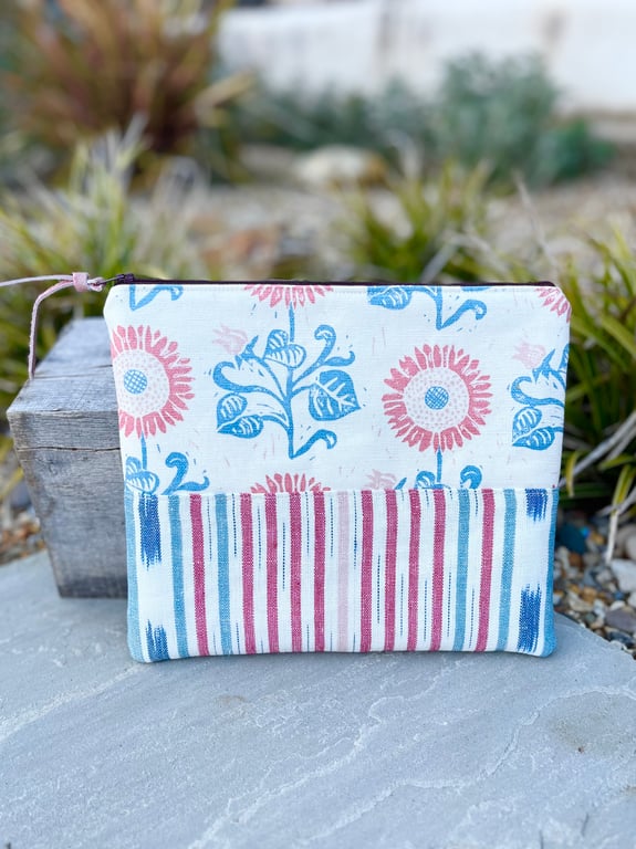 Pink and blue sunflower book pouch zip bag clutch with Vanessa Arbuthnott linen