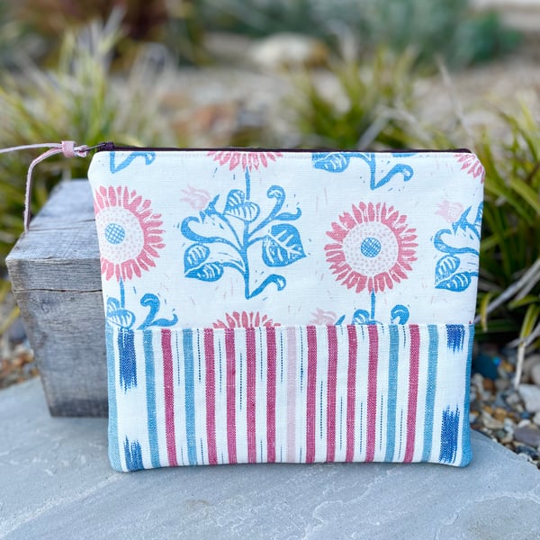 Pink and blue sunflower book pouch zip bag clutch with Vanessa Arbuthnott linen