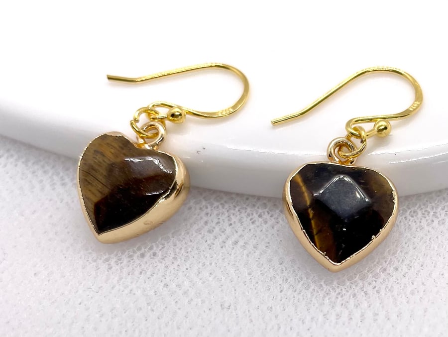 Heart Shaped Tigers Eye Gemstone Earrings 