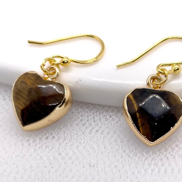 Heart Shaped Tigers Eye Gemstone Earrings 