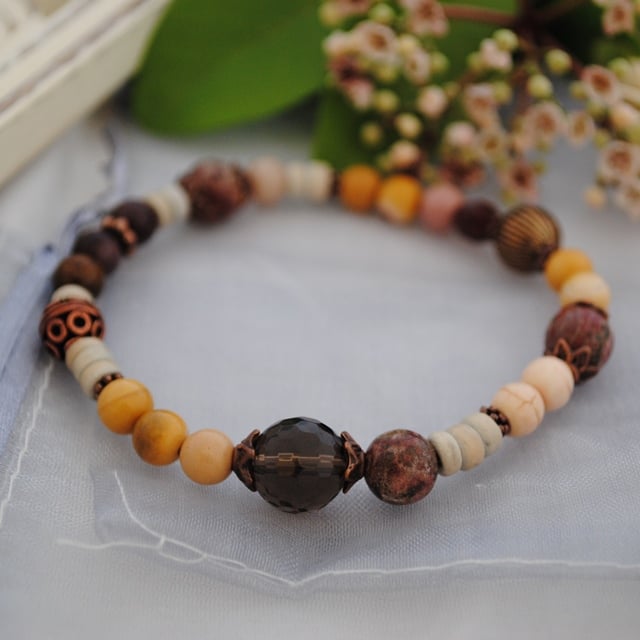 Mookaite, smoky quartz, poppy jasper stretch bracelet