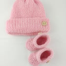 Baby Girls Hat & Booties Set - Newborn Knitted Hat & Crocheted Booties Gift Set