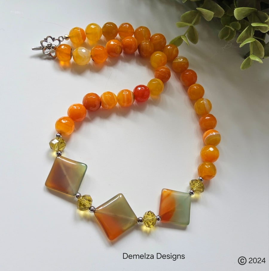 Orange Agate , Bi Colour Agate , Crystal Handmade Necklace 