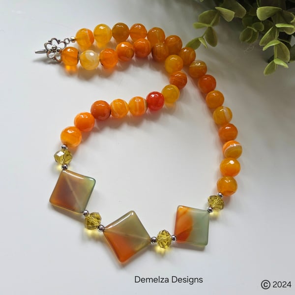 Orange Stripey Agate , Bi Colour Agate , Crystal Necklace 