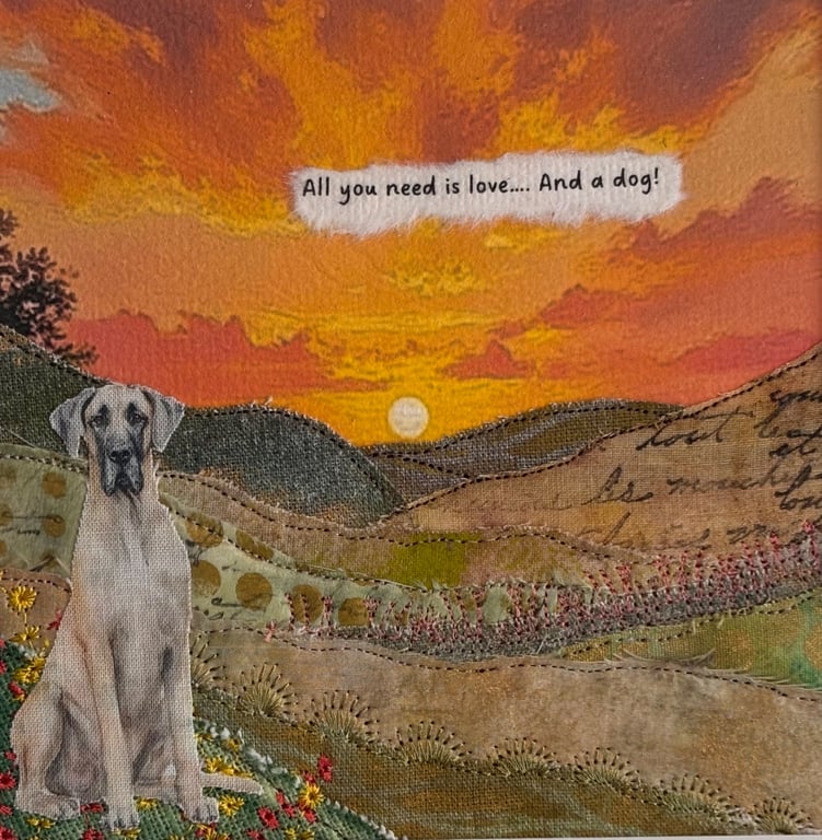 Framed textile landscape pictures… all you need is love and a dog