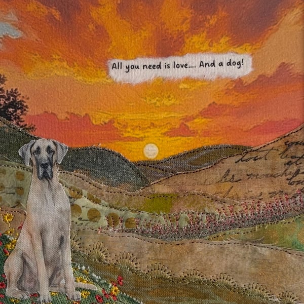 Framed textile landscape pictures… all you need is love and a dog