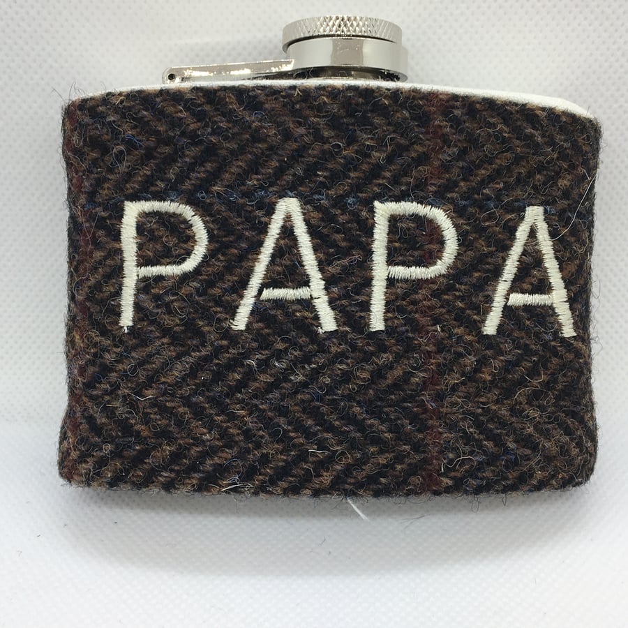 Brown Herringbone  Harris tweed 4oz hip flask with embroidered PAPA