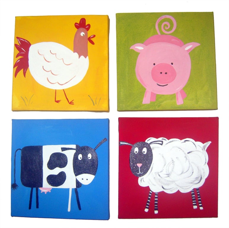 Kids Farm Animal Art, Paintings on Canvas x 4, Nursery Decor 