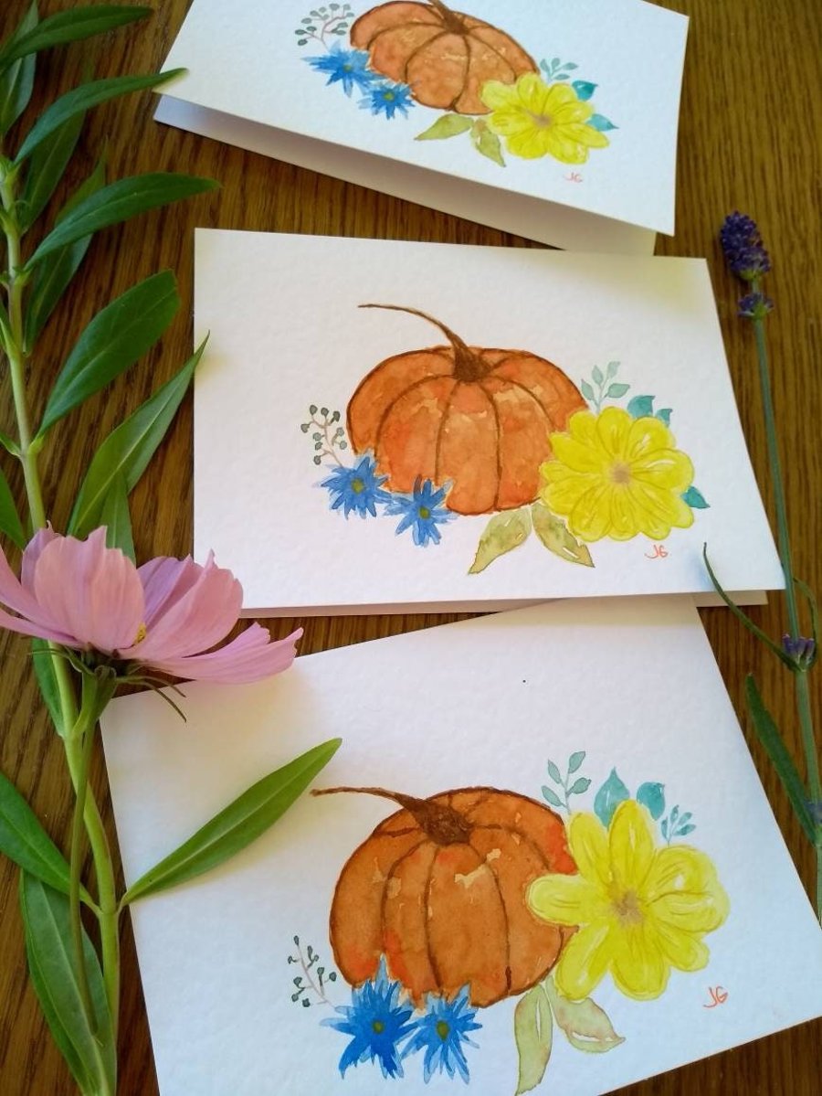 Set of 3 Original Watercolour Pumpkin and Flowers Greetings Cards Notecards A6