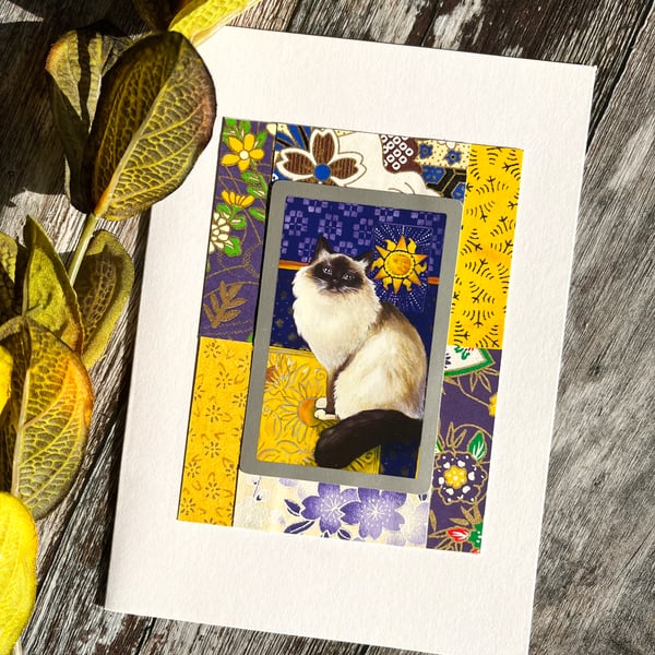 Cat card, siamese cat, blank handmade card for cat lover, card to frame