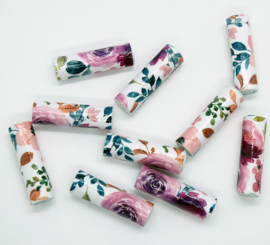 10 Pink and Purple Roses Pattern Paper Beads  PB06