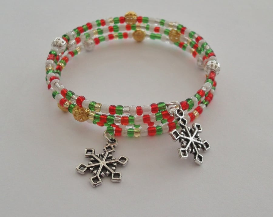 Christmas inspired wrap bracelet with snowflake charms