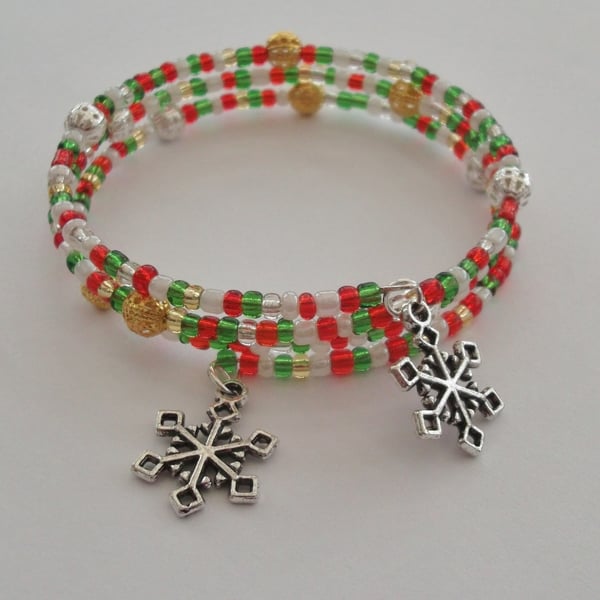 Christmas inspired wrap bracelet with snowflake charms