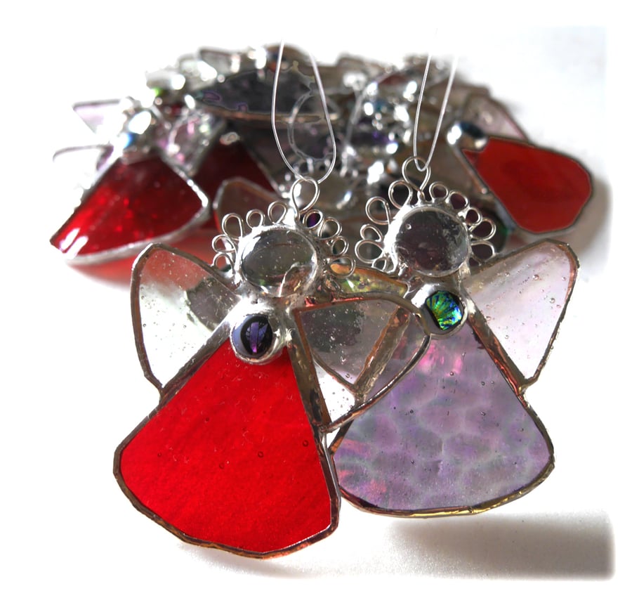 2 Stained Glass Angels Christmas Tree Decoration Set of 2 Red Purple