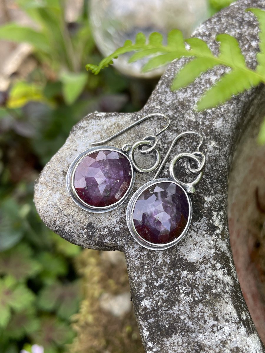 Large pink sapphire and oxidised silver drop earrings