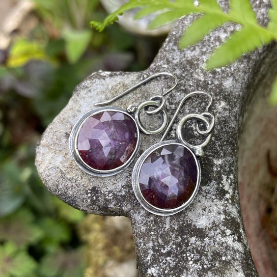 Large pink sapphire and oxidised silver drop earrings